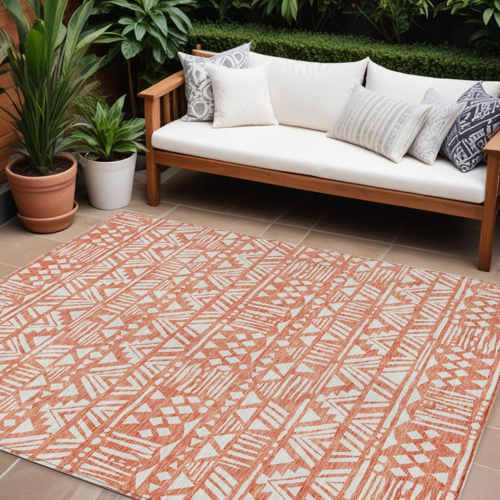10' X 14' Coral And Ivory Southwestern Washable Indoor Outdoor Area Rug