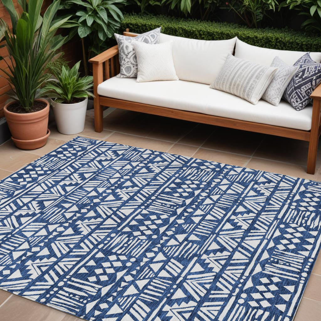 9' X 12' Navy Blue And Ivory Southwestern Washable Indoor Outdoor Area Rug