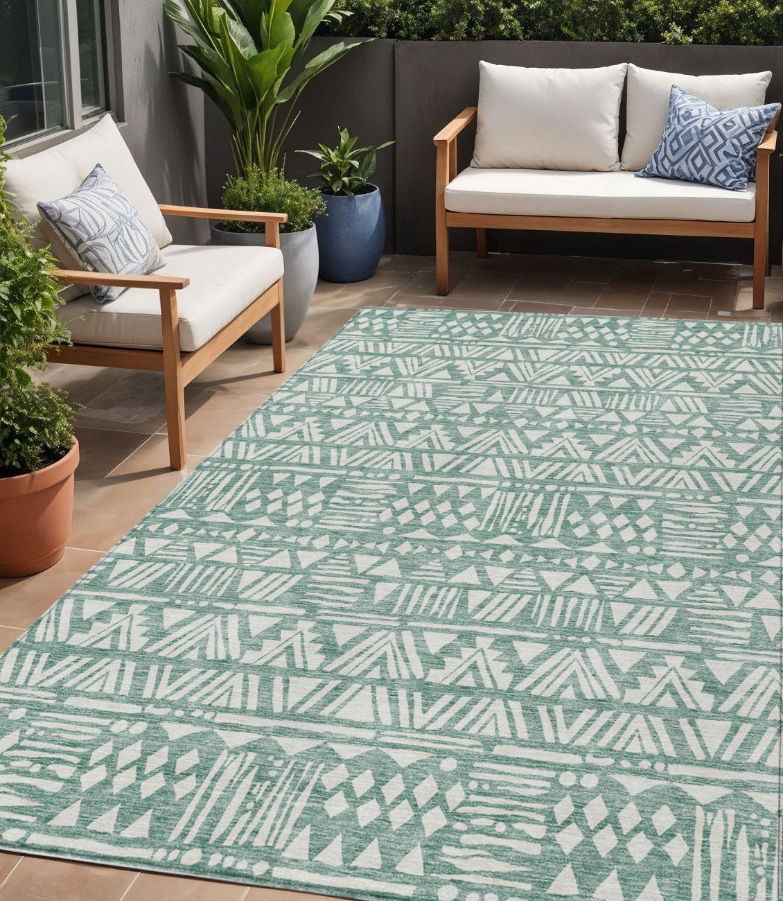 5' X 8' Sage And Ivory Southwestern Washable Indoor Outdoor Area Rug