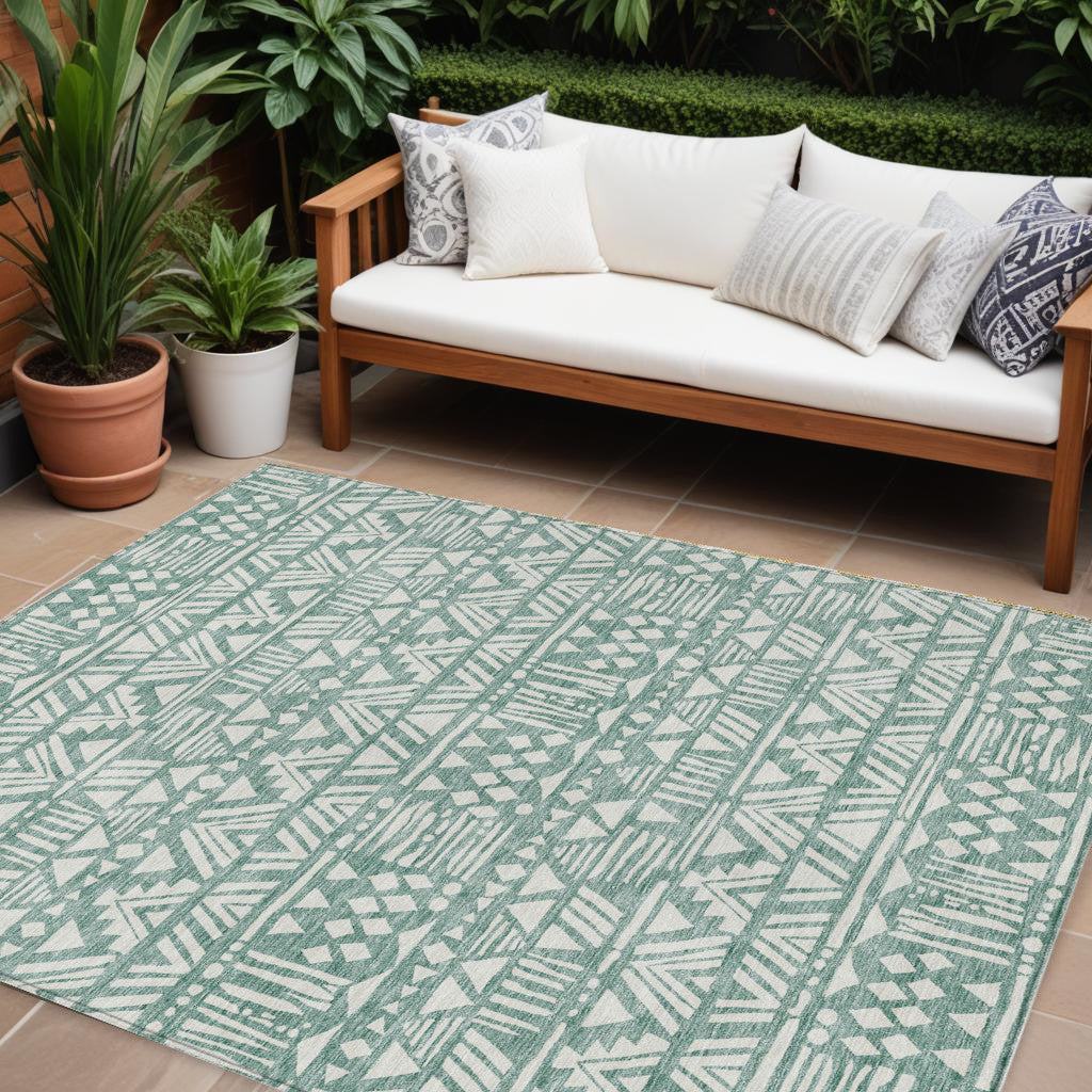 9' X 12' Sage And Ivory Southwestern Washable Indoor Outdoor Area Rug