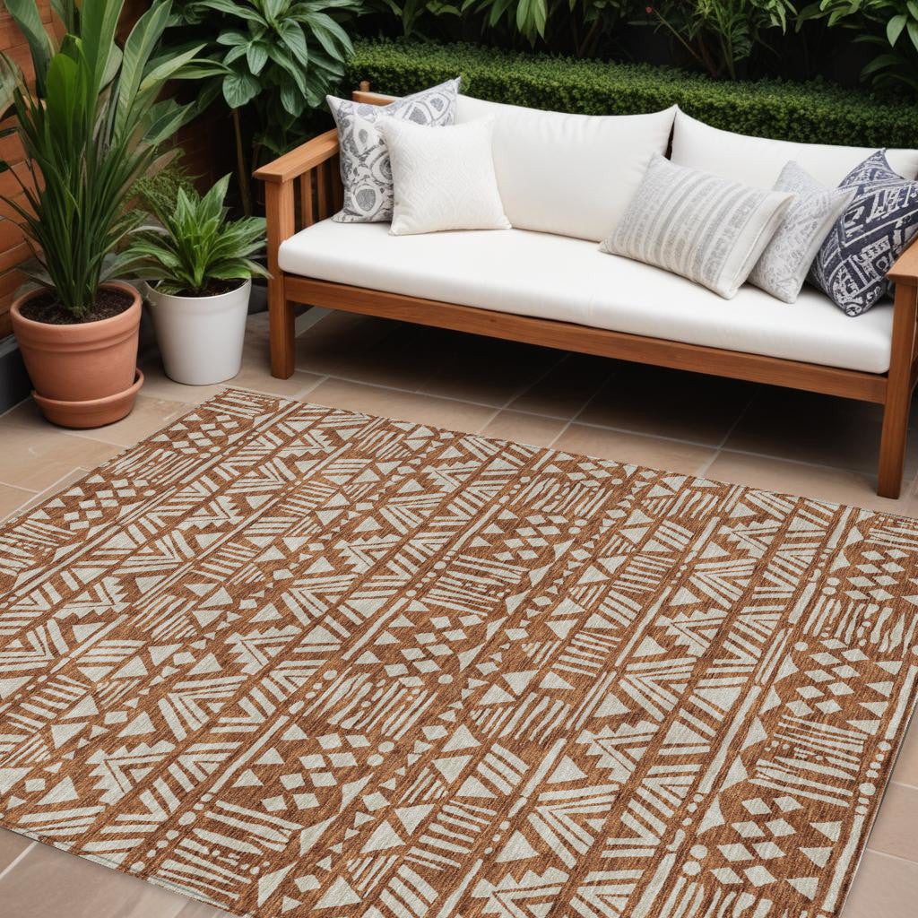 8' X 10' Terra Cotta And Beige Southwestern Washable Indoor Outdoor Area Rug