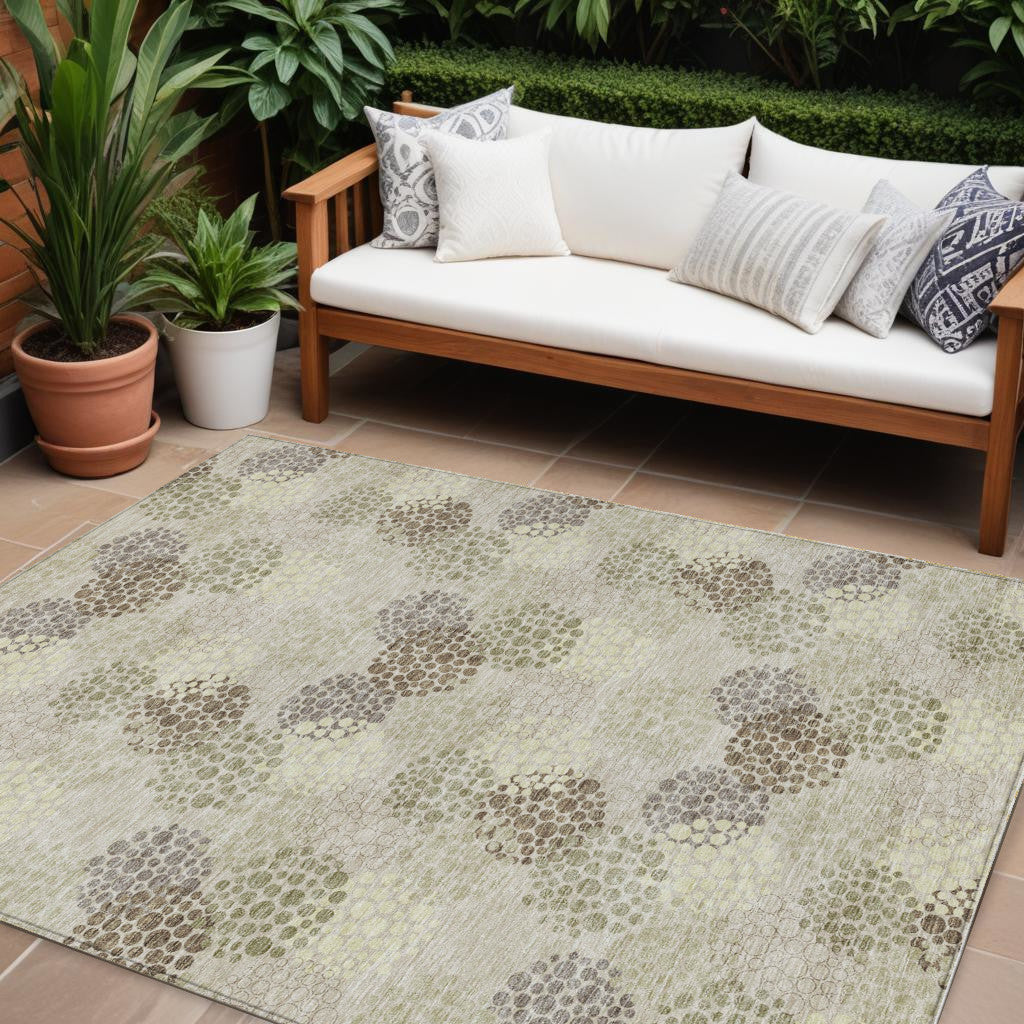 10' X 14' Beige Green And Ivory Polka Dot Washable Indoor Outdoor Area Rug
