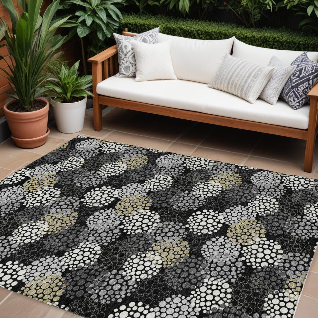 10' X 14' Black Gray And Ivory Polka Dot Washable Indoor Outdoor Area Rug