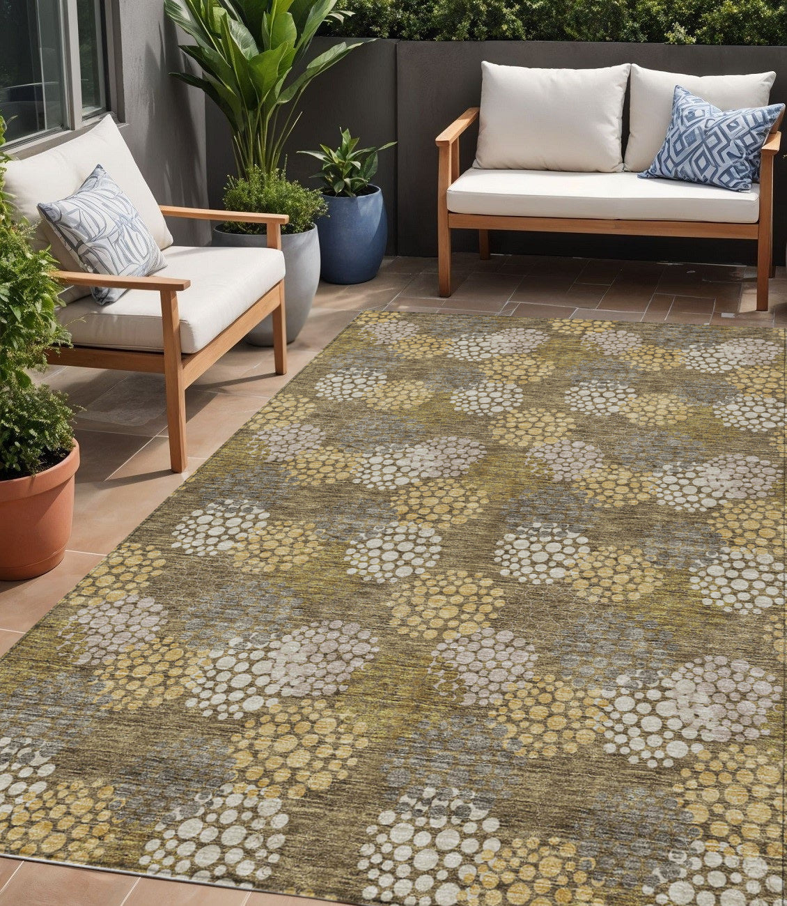 5' X 8' Brown Beige And Ivory Polka Dot Washable Indoor Outdoor Area Rug