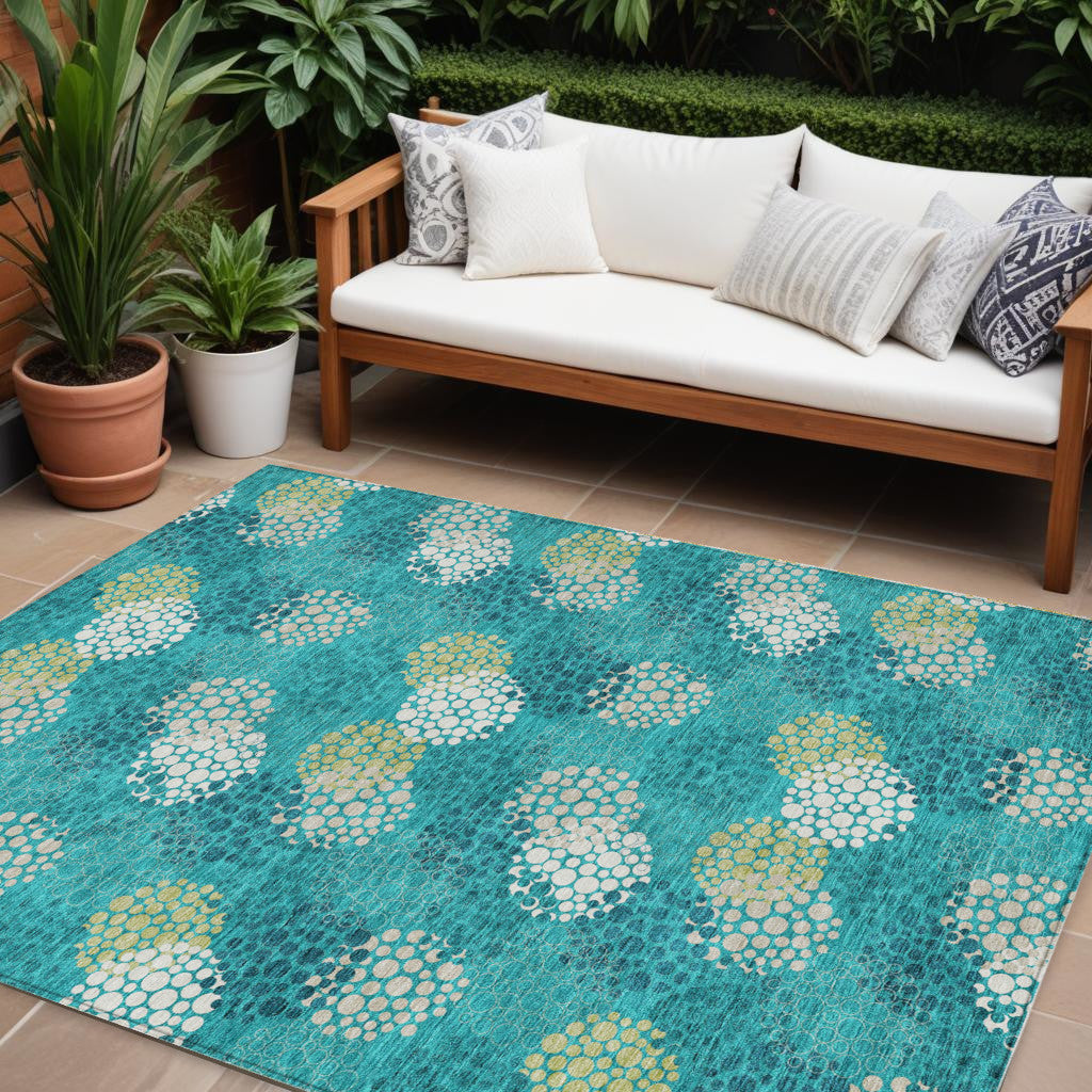 8' X 10' Emerald Gray And Ivory Polka Dot Washable Indoor Outdoor Area Rug