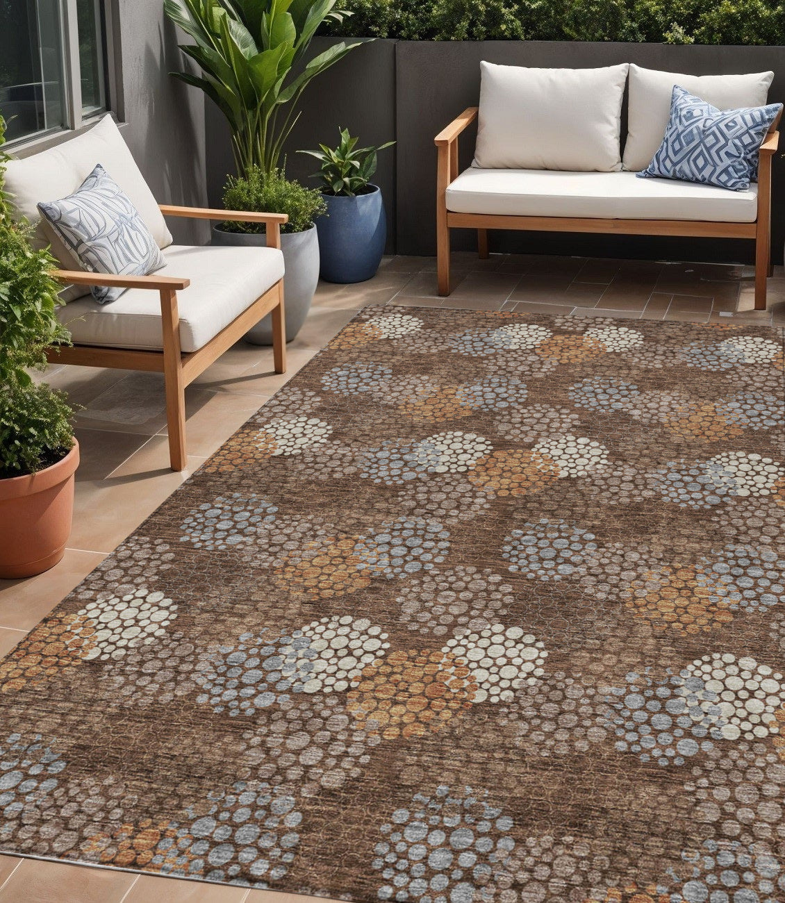 5' X 8' Brown Gray And Ivory Polka Dot Washable Indoor Outdoor Area Rug