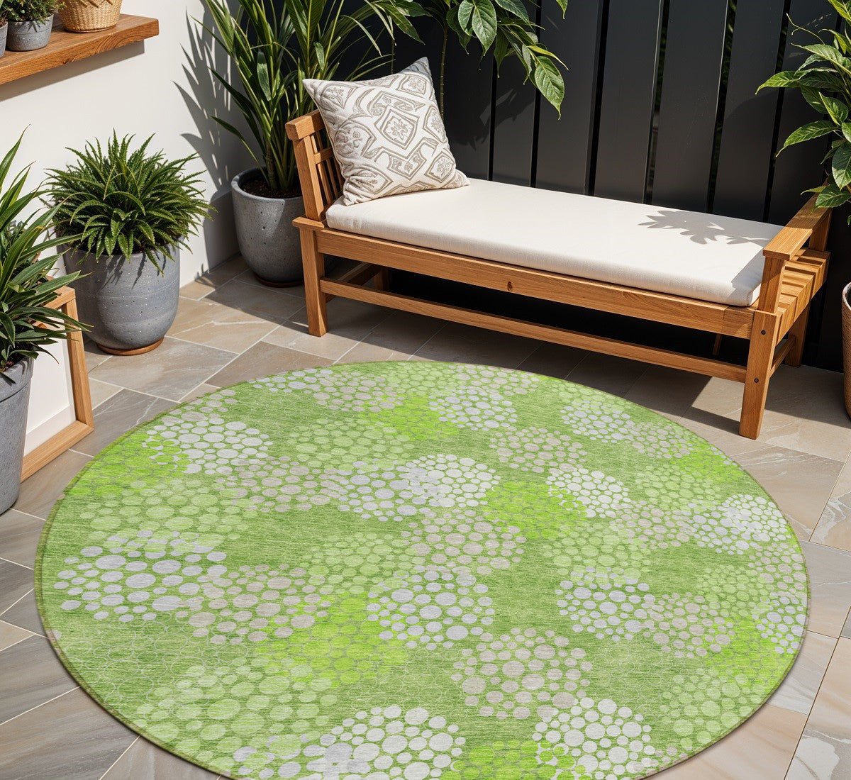 8' Green Ivory And Gray Round Polka Dot Washable Indoor Outdoor Area Rug