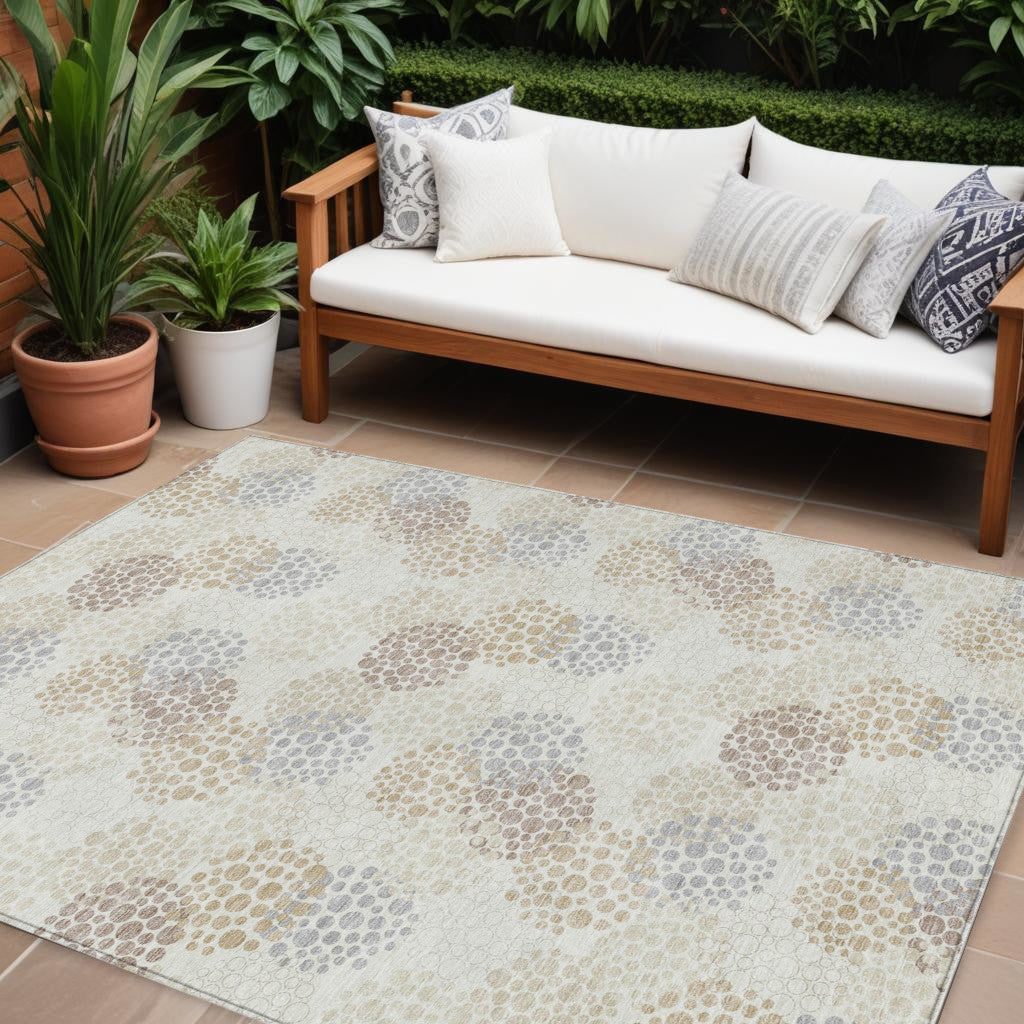 9' X 12' Ivory Brown And Gray Polka Dot Washable Indoor Outdoor Area Rug