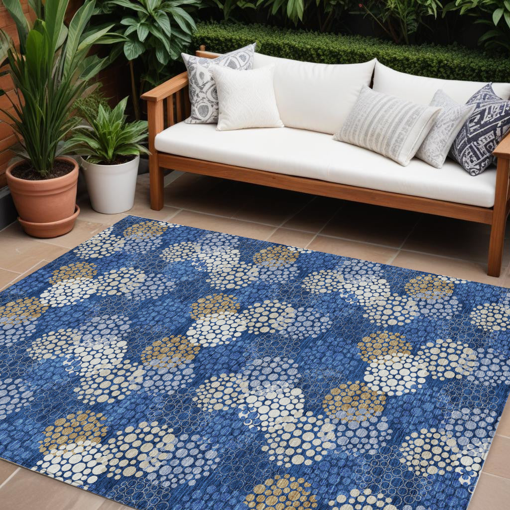 9' X 12' Navy Blue Brown And Ivory Polka Dot Washable Indoor Outdoor Area Rug