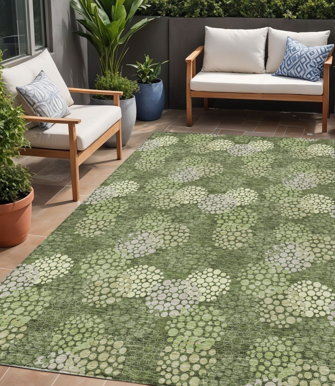 5' X 8' Olive Green And Gray Polka Dot Washable Indoor Outdoor Area Rug