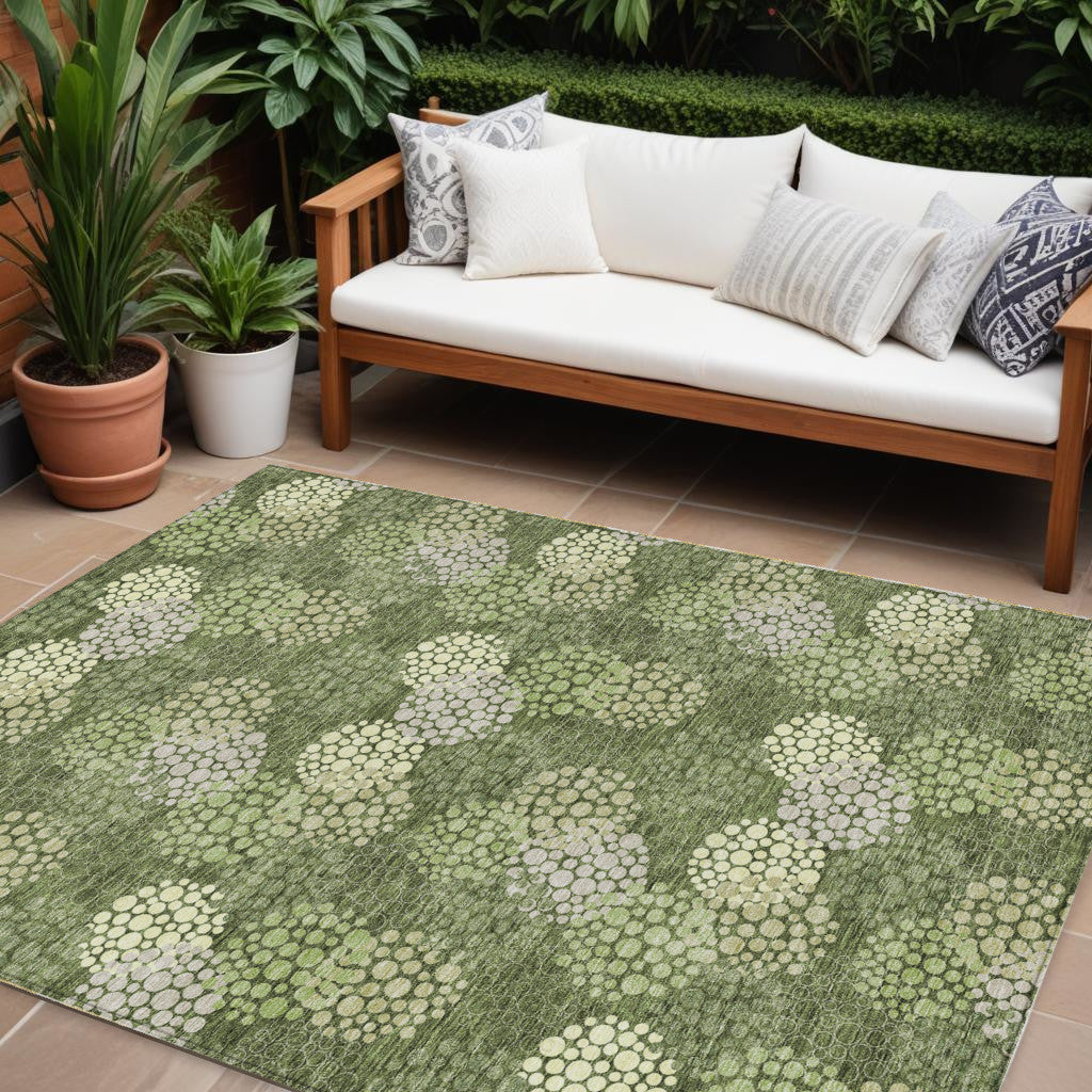9' X 12' Olive Green And Gray Polka Dot Washable Indoor Outdoor Area Rug