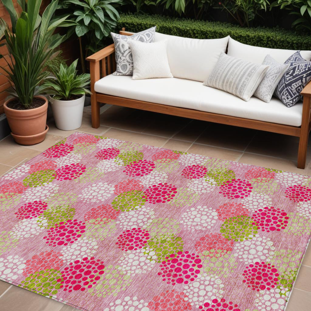 9' X 12' Pink Green And Ivory Polka Dot Washable Indoor Outdoor Area Rug