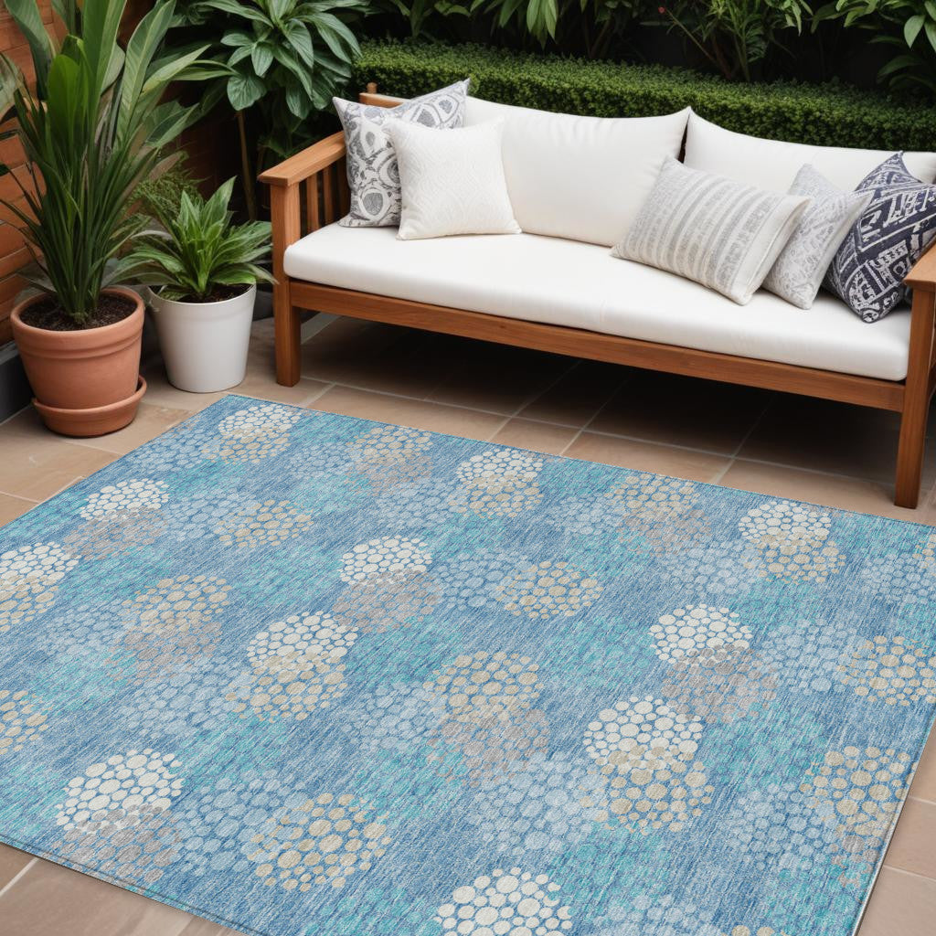 9' X 12' Sky Blue Gray And Ivory Polka Dot Washable Indoor Outdoor Area Rug