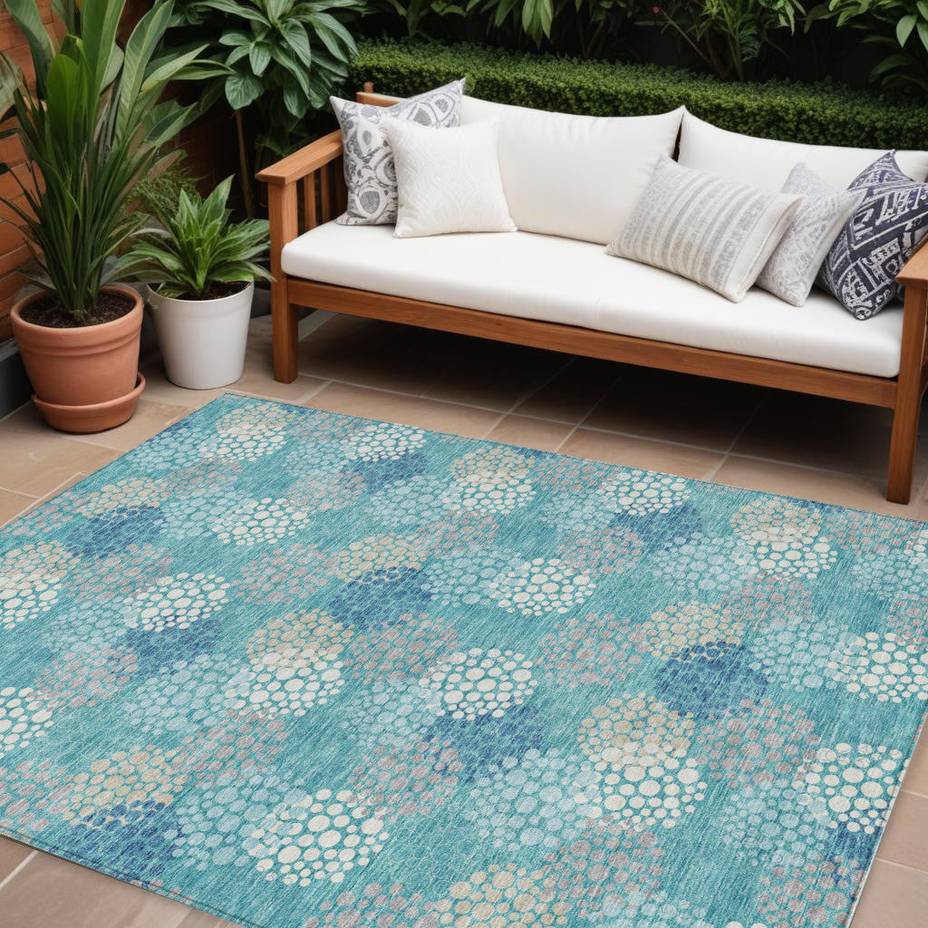 9' X 12' Teal Blue Gray And Ivory Polka Dot Washable Indoor Outdoor Area Rug