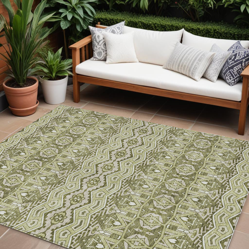 10' X 14' Artichoke Green Gray And Ivory Moroccan Washable Indoor Outdoor Area Rug