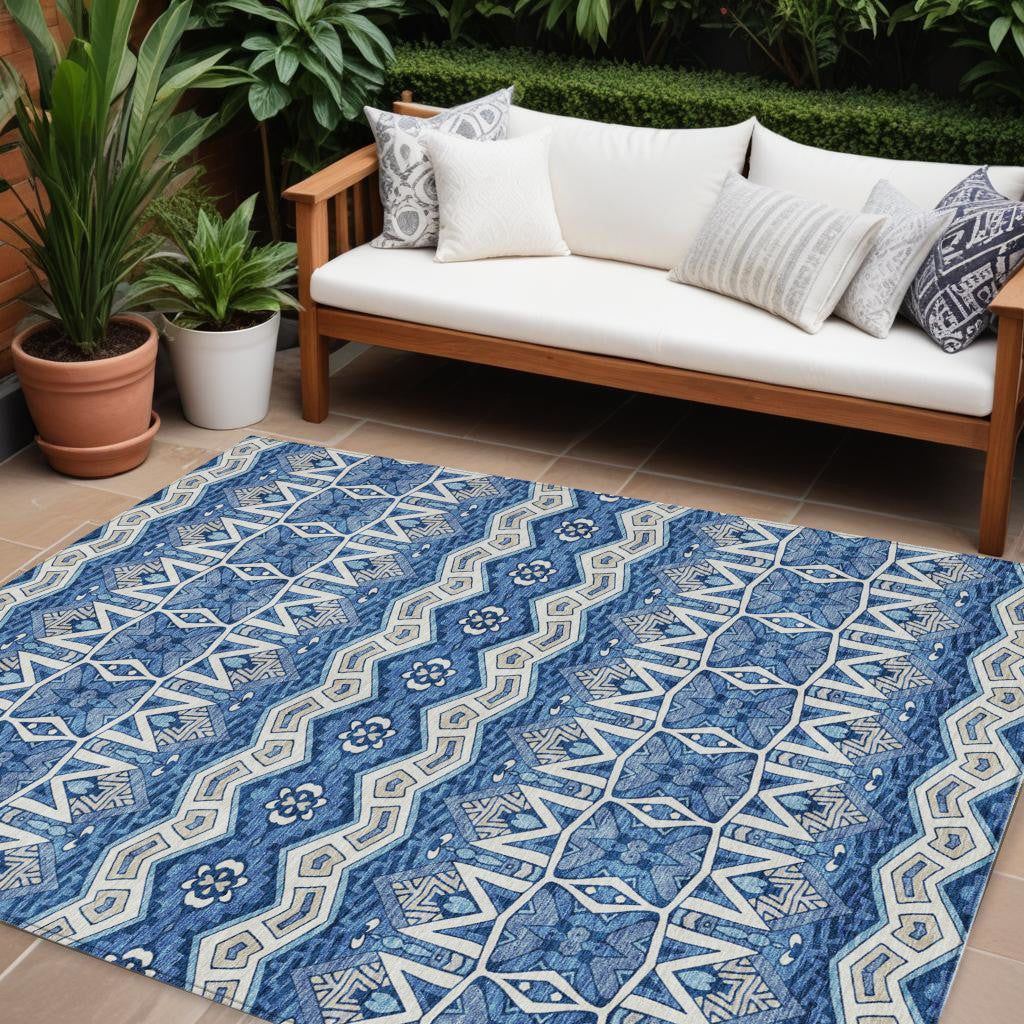 10' X 14' Blue Gray And Ivory Moroccan Washable Indoor Outdoor Area Rug