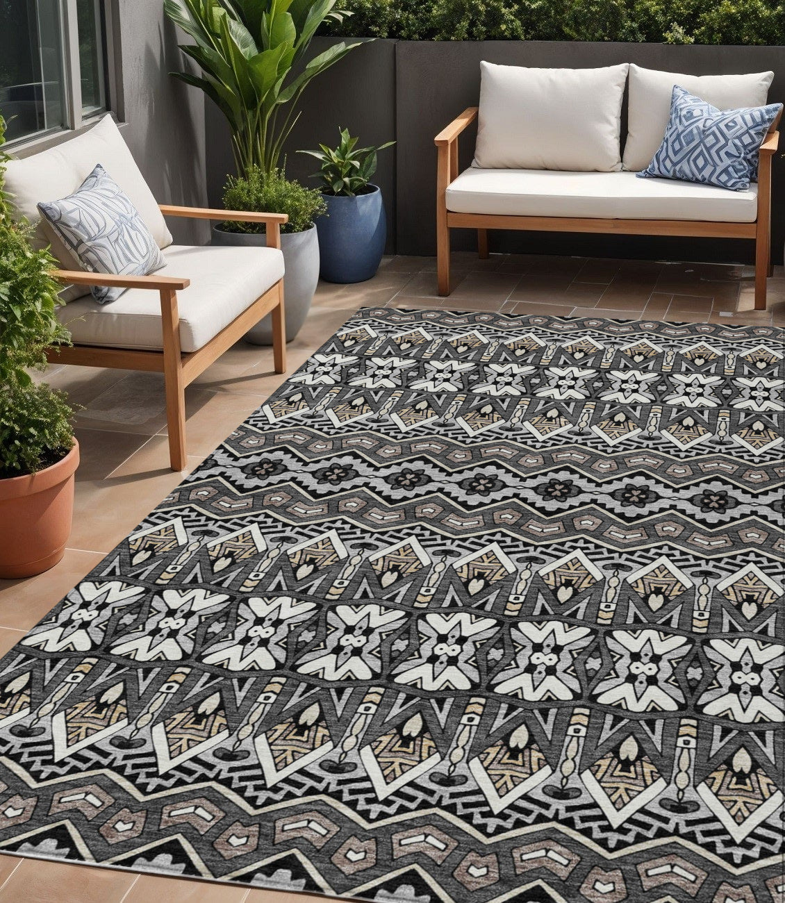 5' X 8' Charcoal Brown And Ivory Moroccan Washable Indoor Outdoor Area Rug