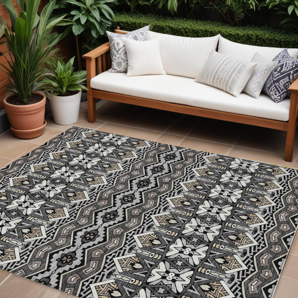 10' X 14' Charcoal Brown And Ivory Moroccan Washable Indoor Outdoor Area Rug