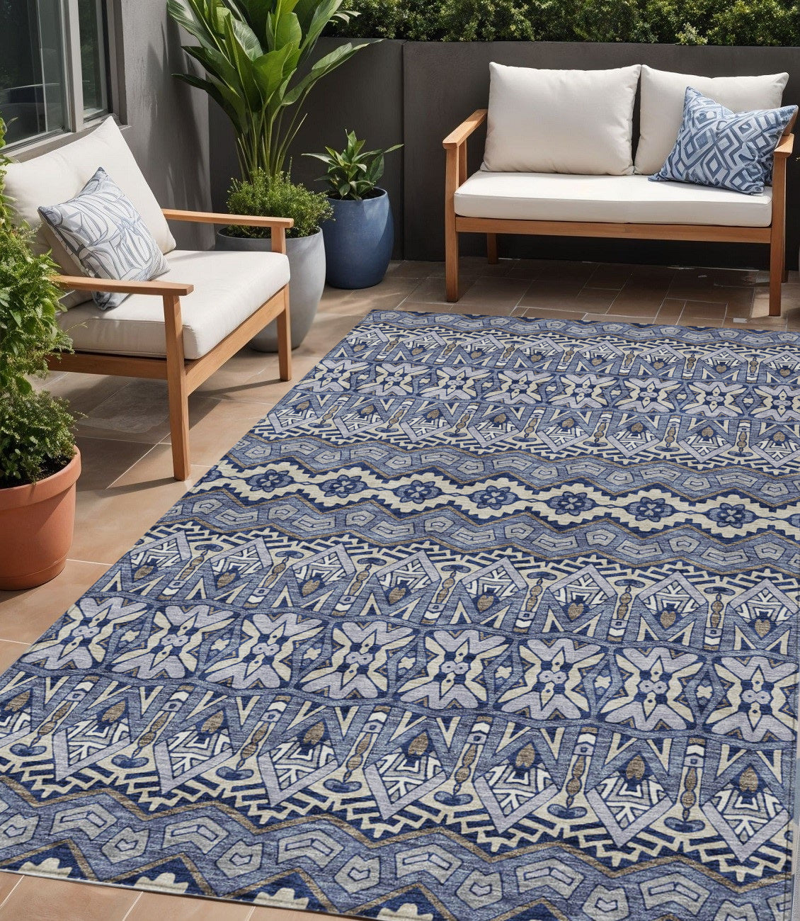 5' X 8' Denim Blue And Ivory Moroccan Washable Indoor Outdoor Area Rug
