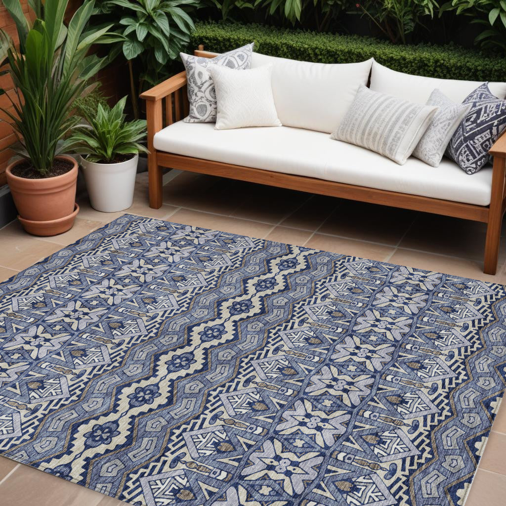 10' X 14' Denim Blue And Ivory Moroccan Washable Indoor Outdoor Area Rug