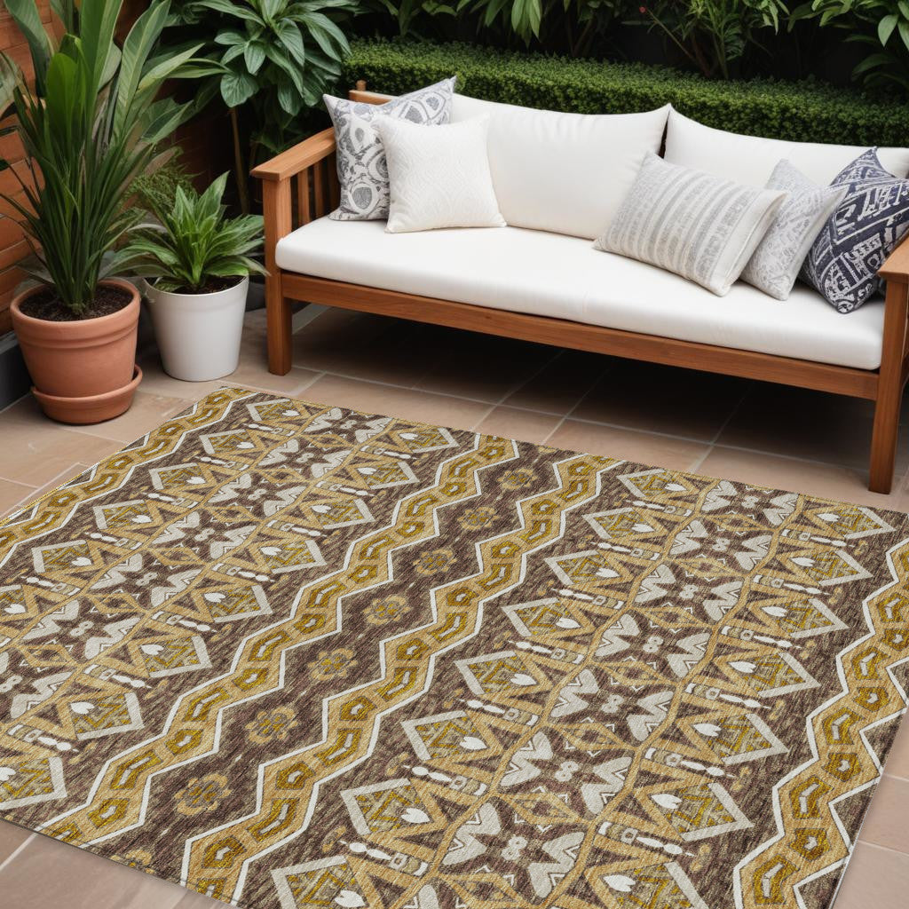 9' X 12' Gold Brown And Beige Moroccan Washable Indoor Outdoor Area Rug