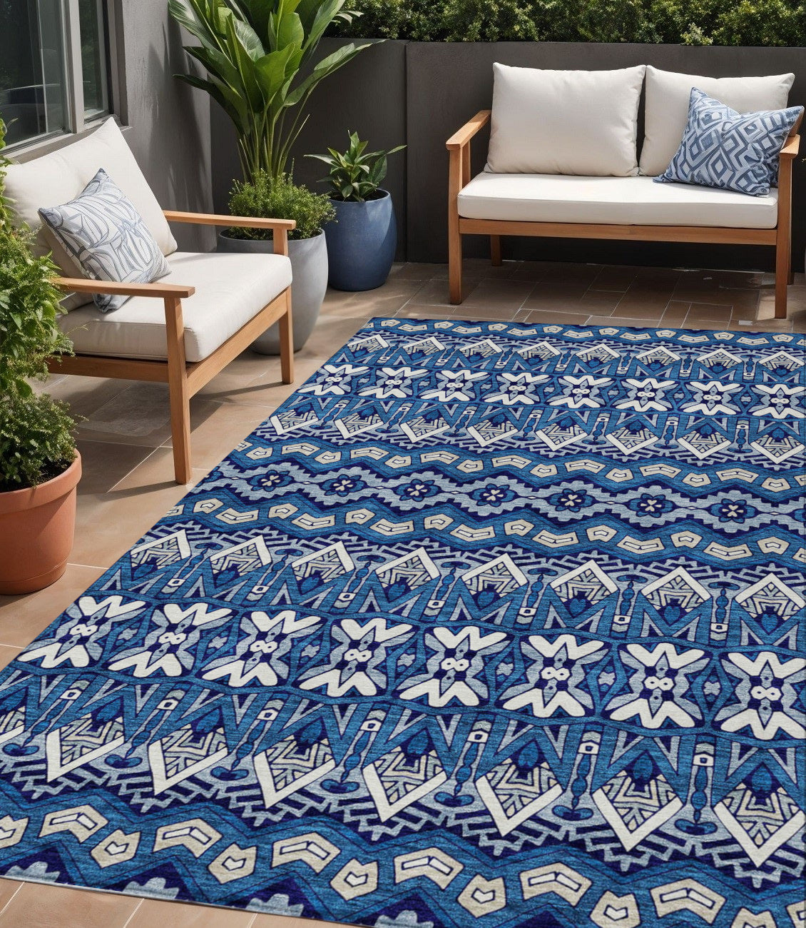 5' X 8' Navy Blue And Ivory Moroccan Washable Indoor Outdoor Area Rug