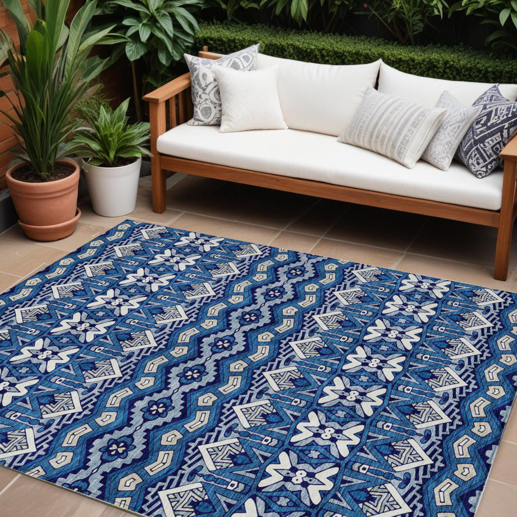 9' X 12' Navy Blue And Ivory Moroccan Washable Indoor Outdoor Area Rug