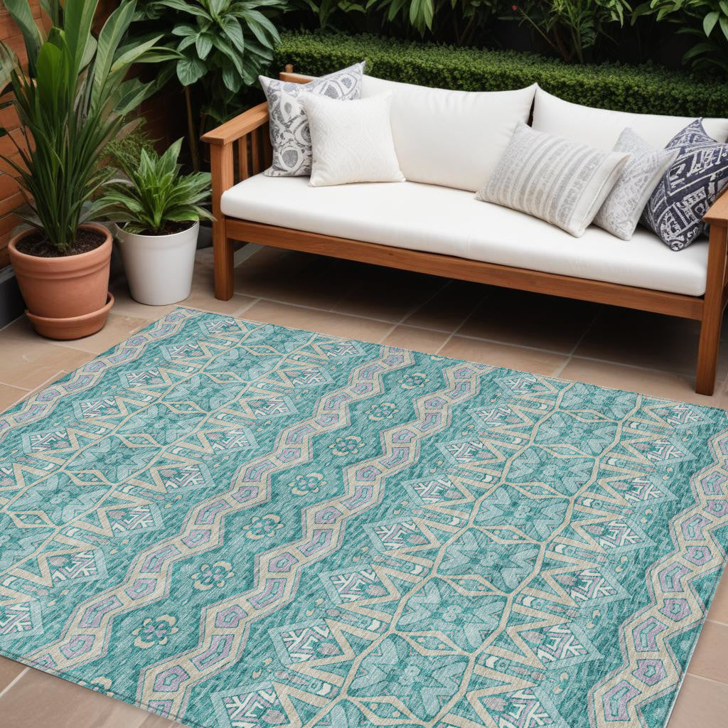 9' X 12' Teal Blue Purple And Gray Moroccan Washable Indoor Outdoor Area Rug