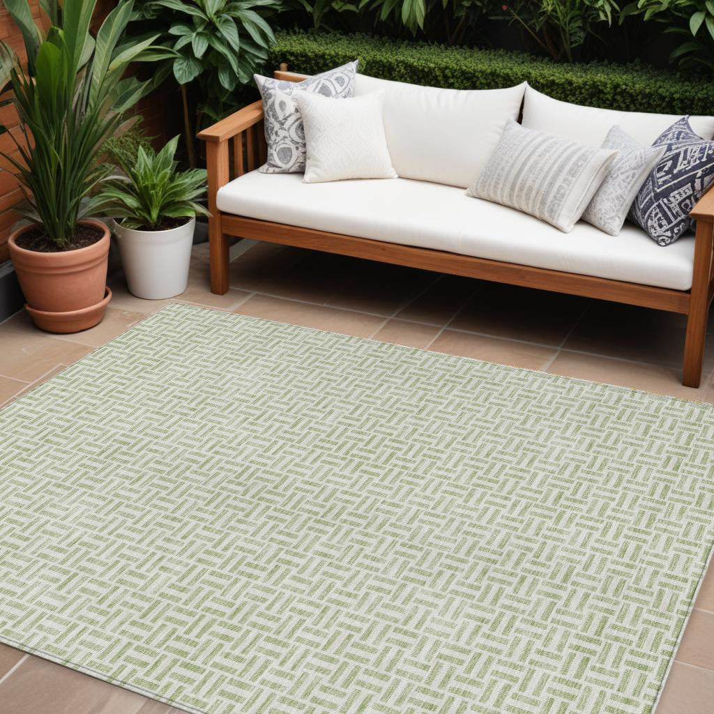 9' X 12' Artichoke Green And Gray Geometric Washable Indoor Outdoor Area Rug