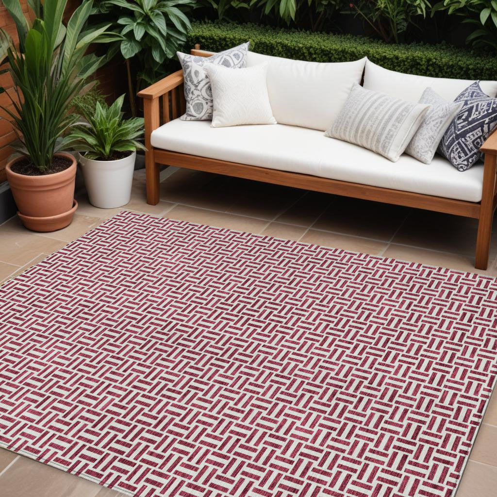 10' X 14' Burgundy And Ivory Geometric Washable Indoor Outdoor Area Rug