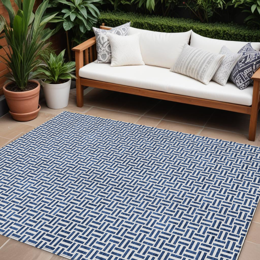 9' X 12' Navy Blue And Gray Geometric Washable Indoor Outdoor Area Rug
