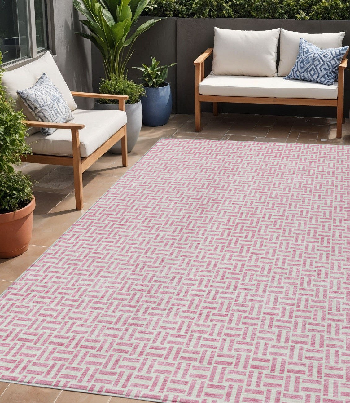 5' X 8' Pink And Silver Geometric Washable Indoor Outdoor Area Rug