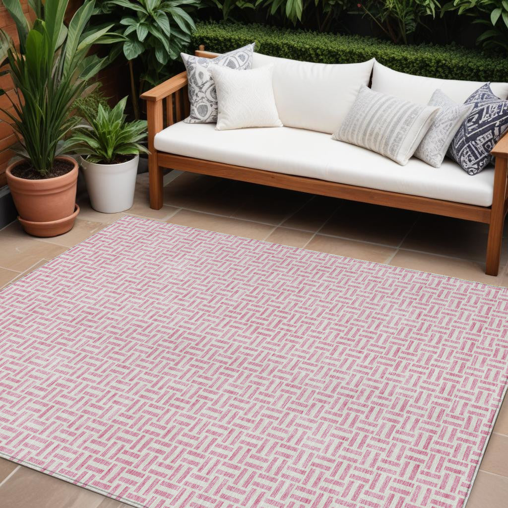8' X 10' Pink And Silver Geometric Washable Indoor Outdoor Area Rug