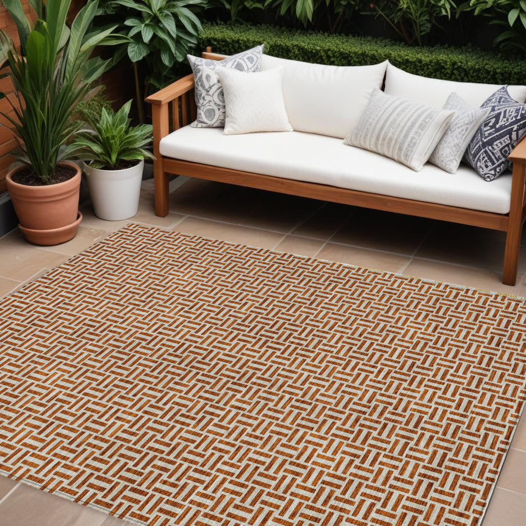 10' X 14' Copper And Beige Geometric Washable Indoor Outdoor Area Rug