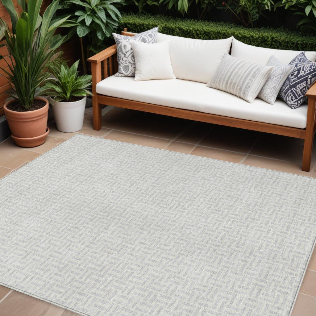 9' X 12' Silver And Gray Geometric Washable Indoor Outdoor Area Rug