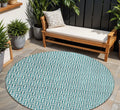 8' Teal Blue And Silver Round Geometric Washable Indoor Outdoor Area Rug