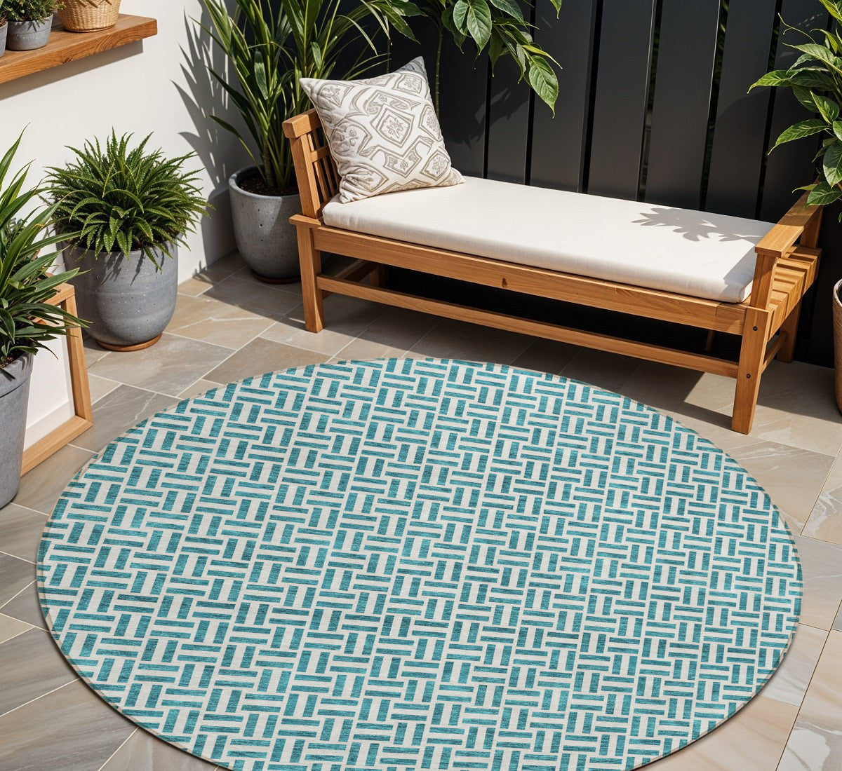 8' Teal Blue And Silver Round Geometric Washable Indoor Outdoor Area Rug