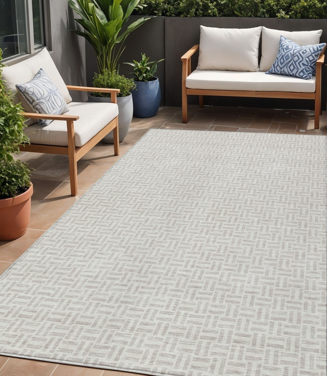 5' X 8' Taupe And Silver Geometric Washable Indoor Outdoor Area Rug