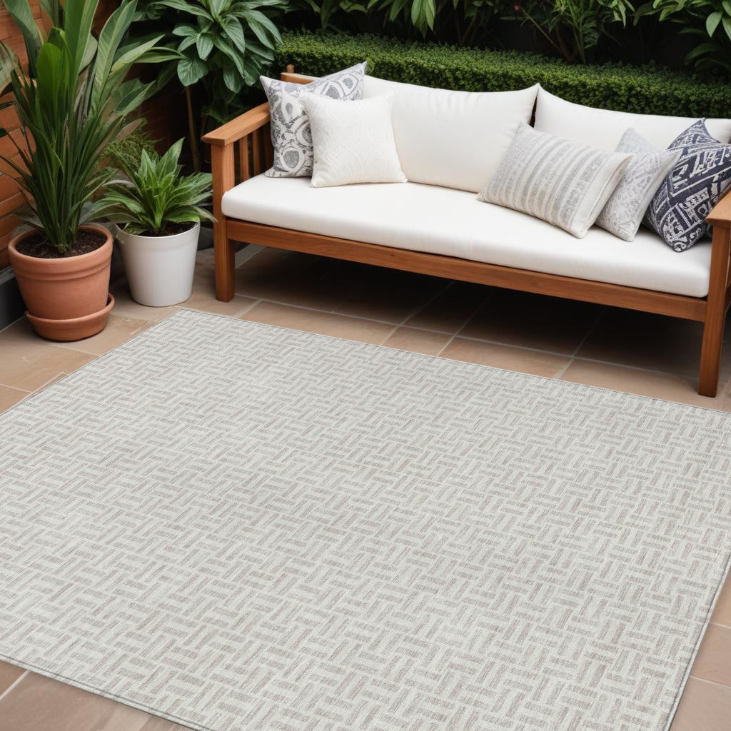 10' X 14' Taupe And Silver Geometric Washable Indoor Outdoor Area Rug