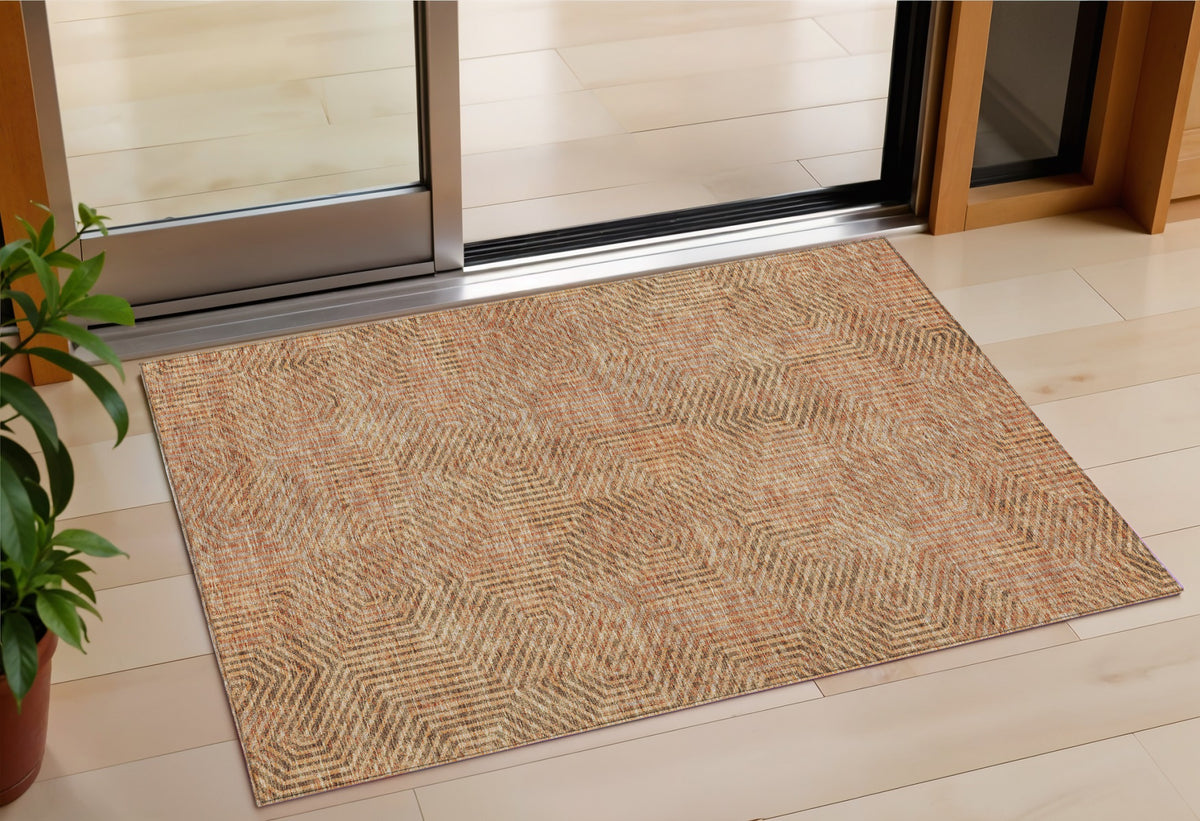 3' X 5' Copper Brown And Beige Geometric Washable Indoor Outdoor Area Rug