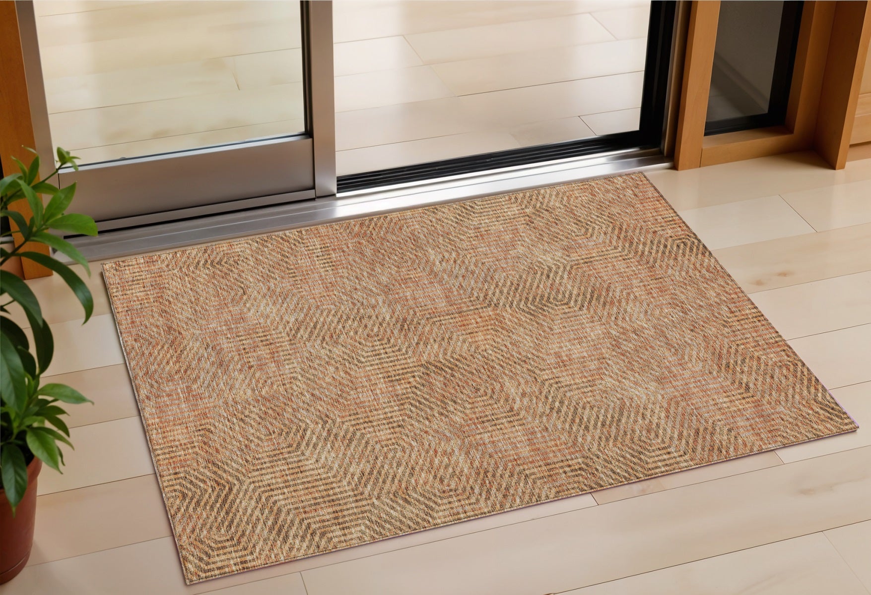 3' X 5' Copper Brown And Beige Geometric Washable Indoor Outdoor Area Rug