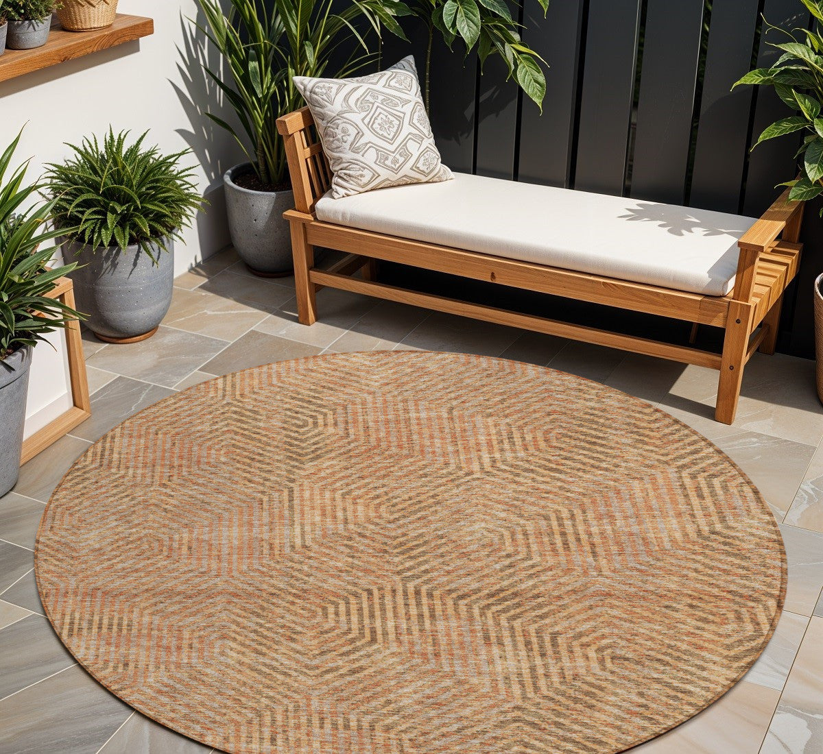 8' Copper Brown And Beige Round Geometric Washable Indoor Outdoor Area Rug