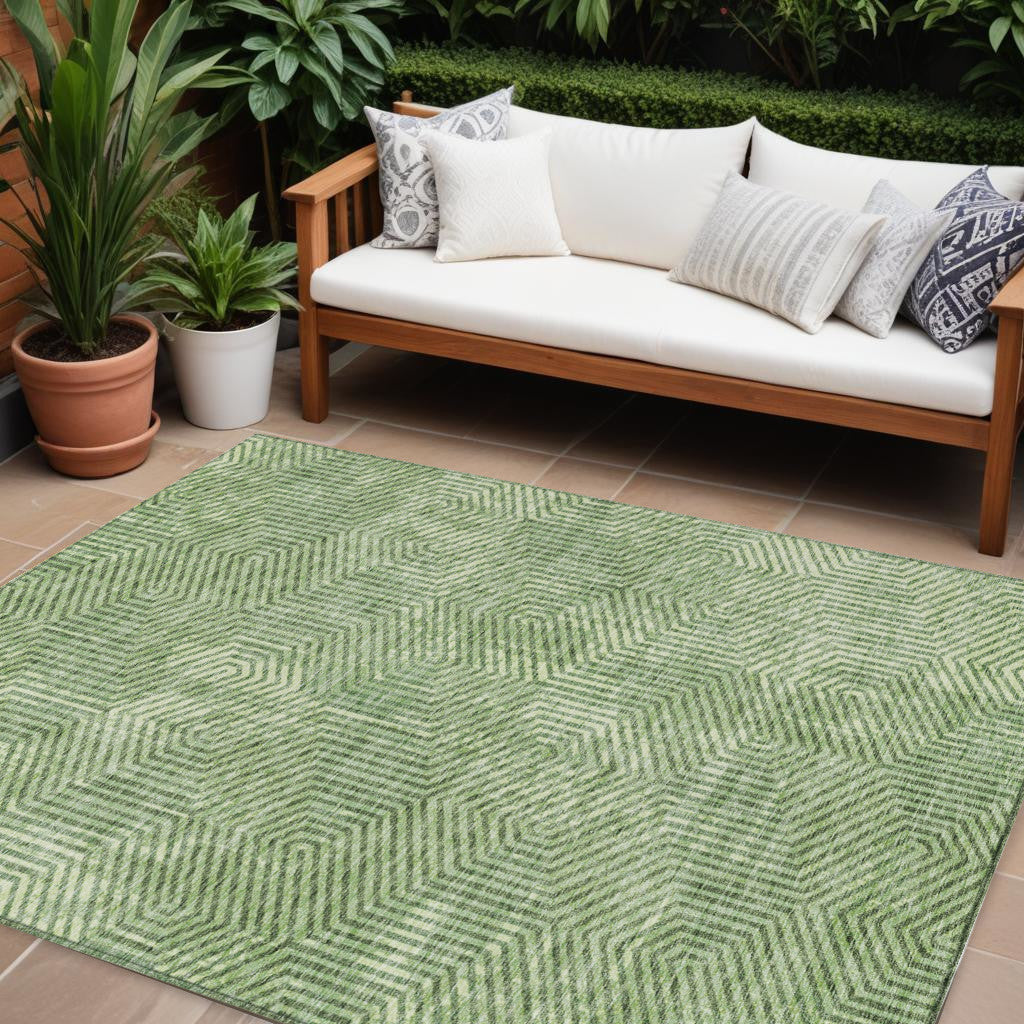 9' X 12' Green And Light Green Geometric Washable Indoor Outdoor Area Rug