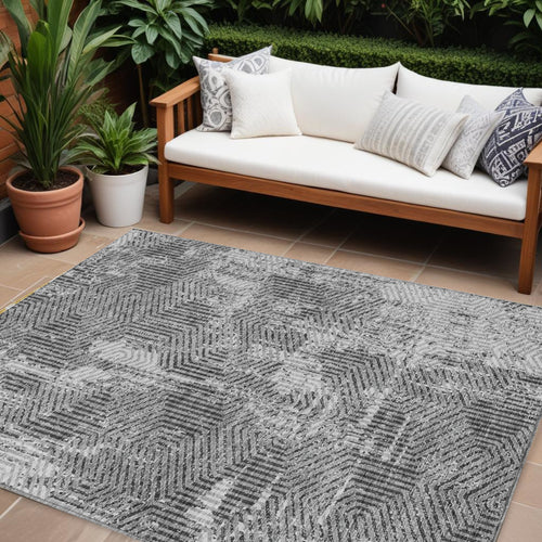 10' X 14' Gray And Charcoal Geometric Washable Indoor Outdoor Area Rug
