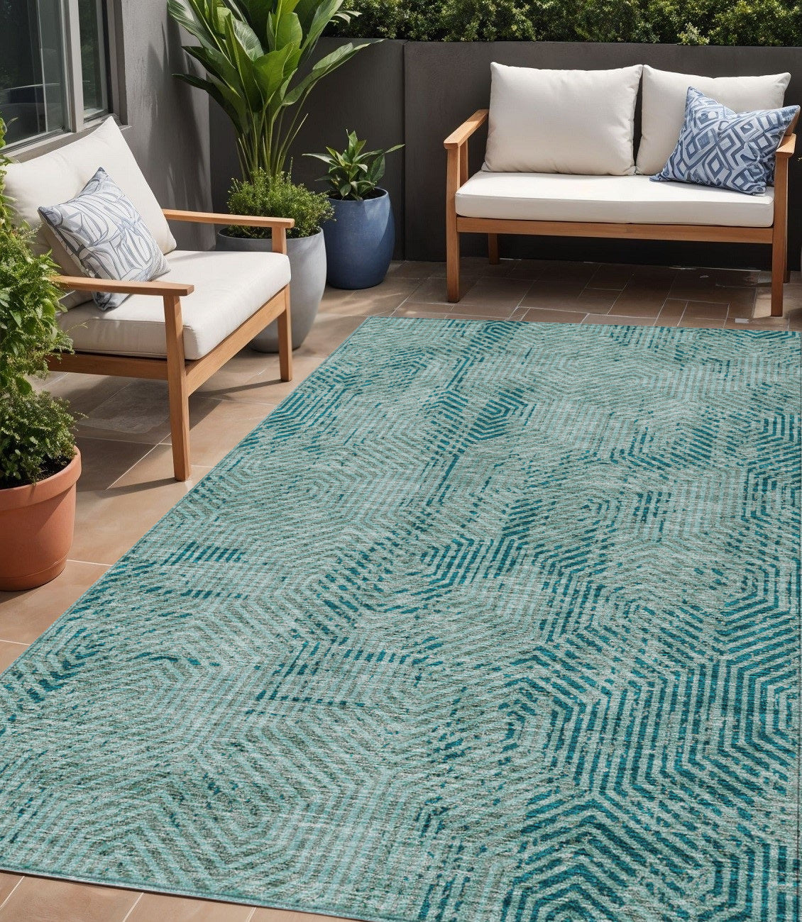 5' X 8' Teal Blue And Gray Geometric Washable Indoor Outdoor Area Rug