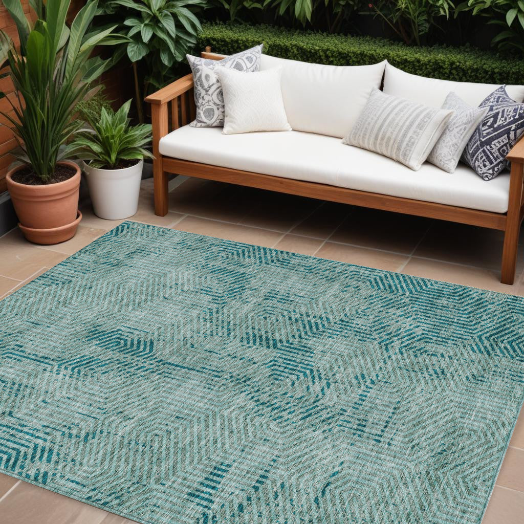 9' X 12' Teal Blue And Gray Geometric Washable Indoor Outdoor Area Rug