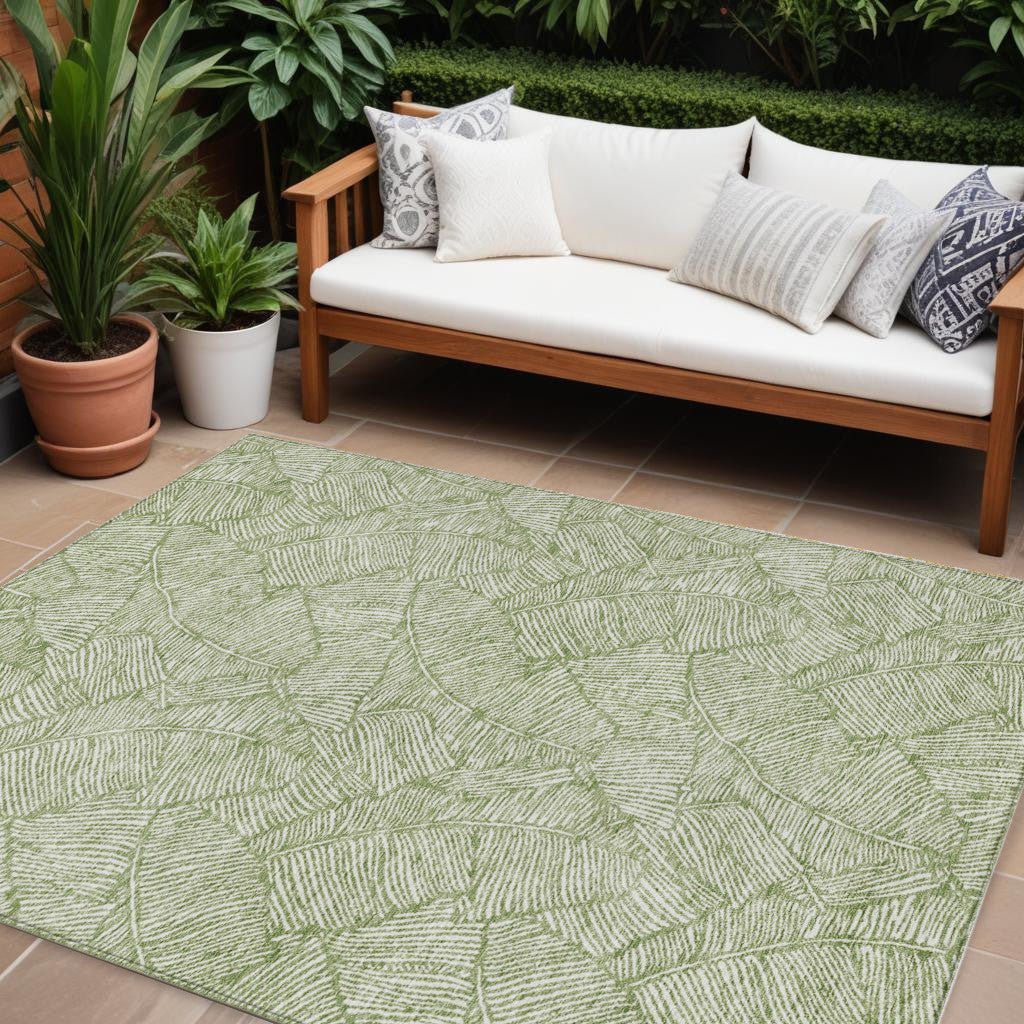9' X 12' Green And Ivory Floral Washable Indoor Outdoor Area Rug