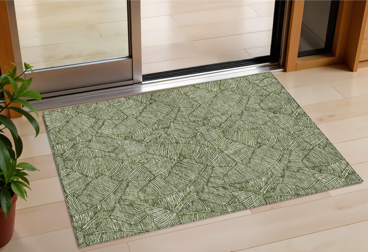 3' X 5' Olive Green And Light Green Floral Washable Indoor Outdoor Area Rug