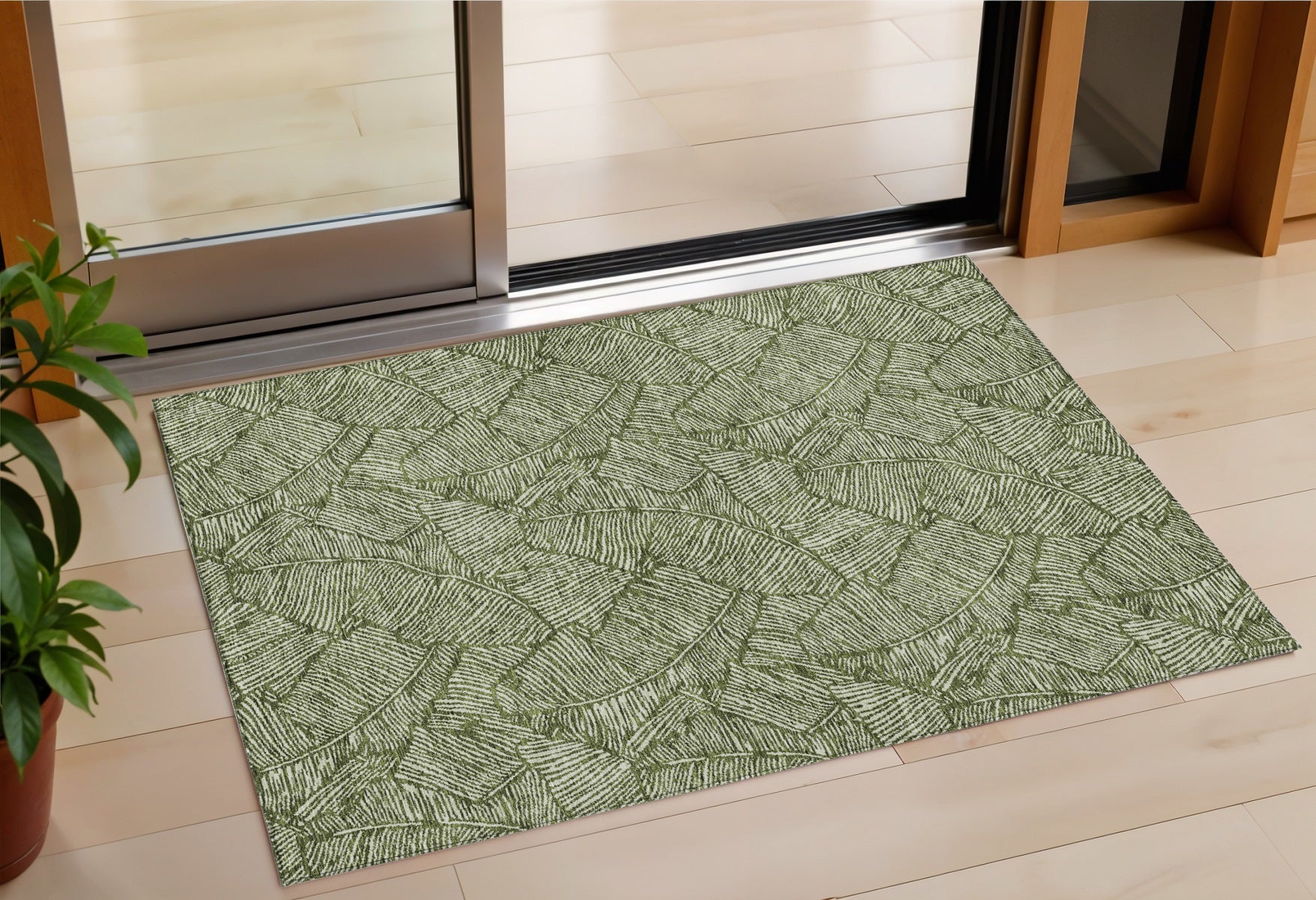3' X 5' Olive Green And Light Green Floral Washable Indoor Outdoor Area Rug