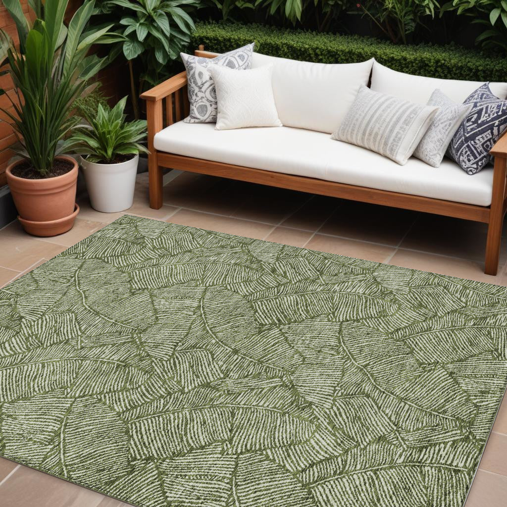 9' X 12' Olive Green And Light Green Floral Washable Indoor Outdoor Area Rug
